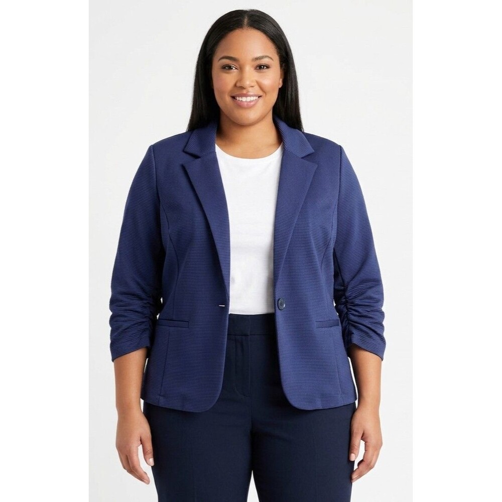 Ashley Stewart Women's Blue Blazer Ruched Sleeves Size 12W Button Front NWT